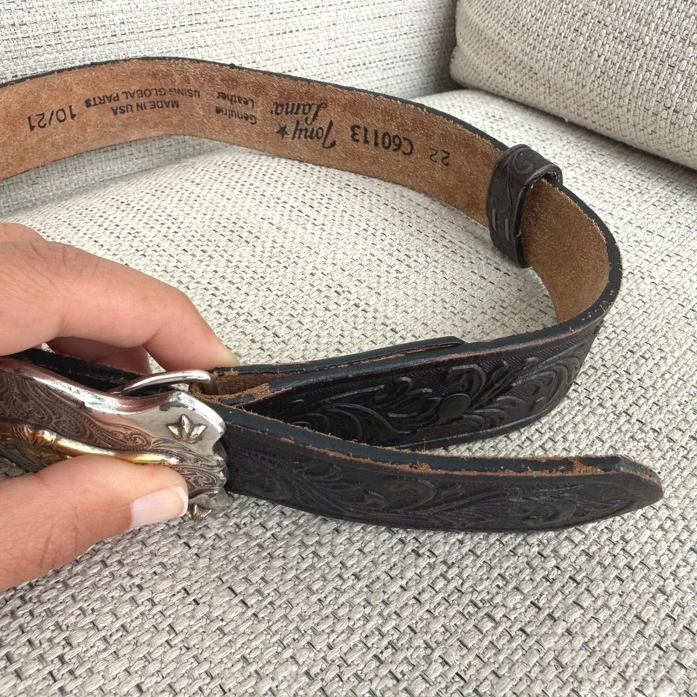 Tony Lama Kids Black Tooled Leather Belt Silver Gold Longhorn Buckle 22